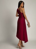 Elegant pleated dress with a flower, plum, AZRHP6987